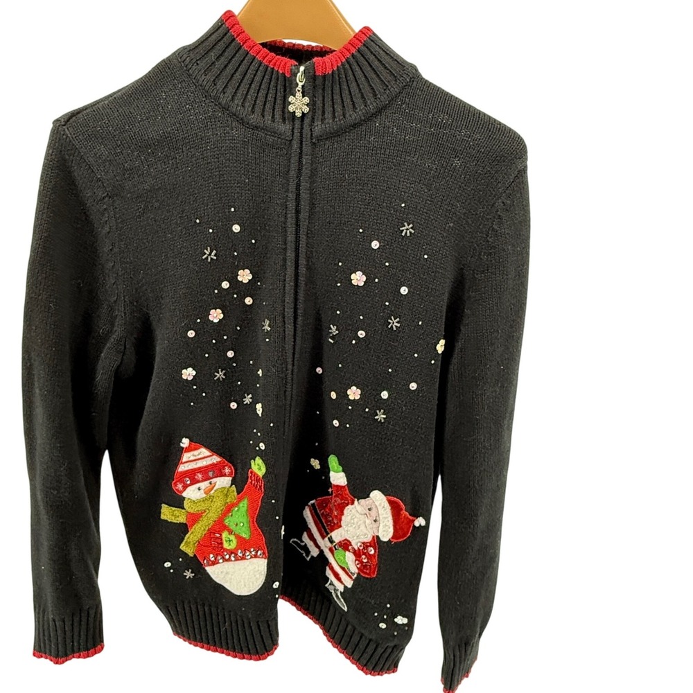 Christmas Cardigan Full Zip Mercer Street Studio Size M Santa‎ Snowman Beaded